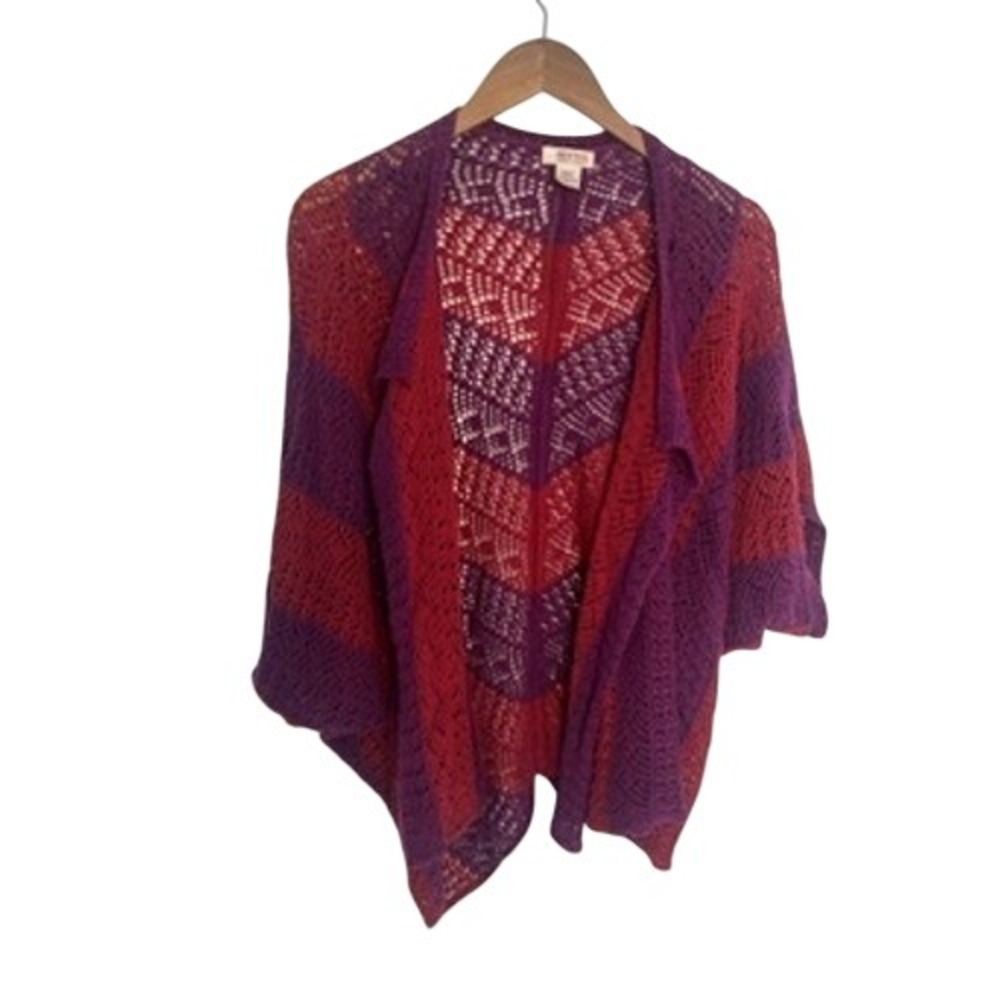 Route 66 LG‎ Purple Red Striped Crochet Knit Cardigan Boho Indie Hippie Festival